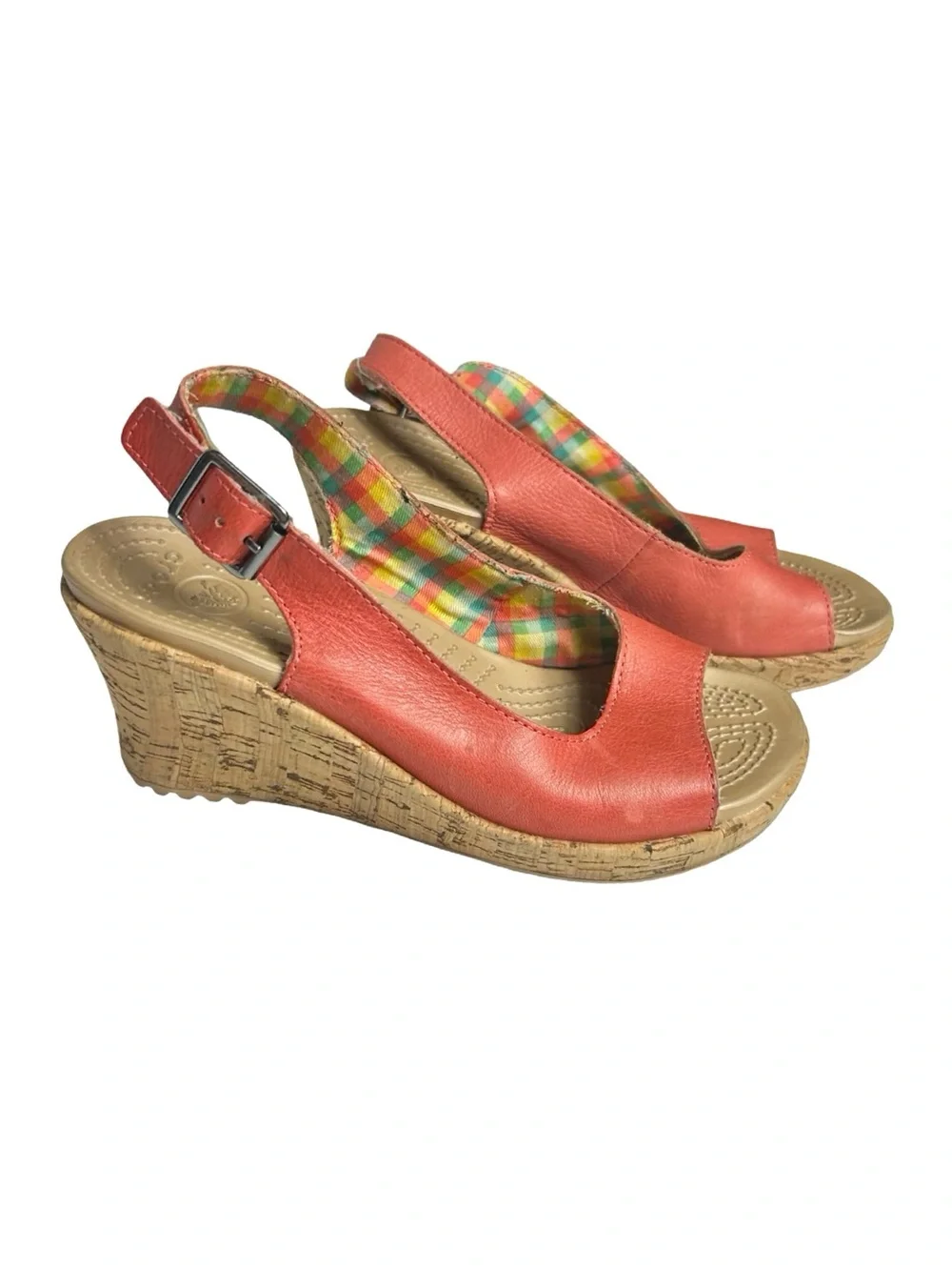 Crocs A-Leigh Coral Leather Cork Wedge Slingback Sandals Size 6